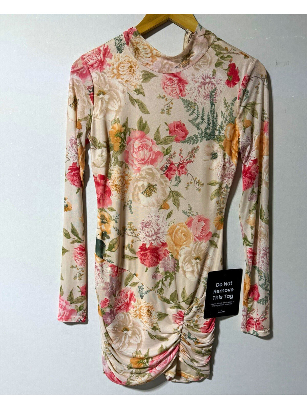 Lulus Beige Floral Mesh Ruched Mock Neck Long Sleeve Sheet Mini Bodycon Dress
